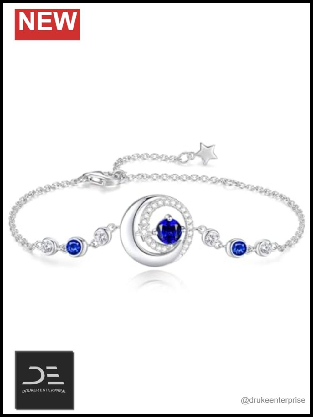 Moon and Star Birthstone Link Bracelet Sterling Silver White Gold Plated
